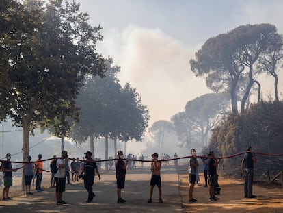 Vecinos y bomberos se afanan por apagar el incendio declarado esta tarde en el Paraje Natural de 'Las Canteras' en Puerto Real (Cádiz).