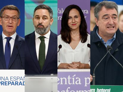 El líder del Partido Popular, Alberto Núñez Feijóo; el líder de Vox, Santiago Abascal; la líder de Podemos, Ione Belarra; el portavoz del PNV en el Congreso, Aitor Esteban, y el secretario general de Ciudadanos, Adrián Vázquez.