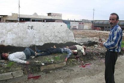 Un hombre observa los cadáveres de nueve miembros del Ejército iraquí hallados en la ciudad de Mosul.