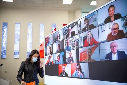 La presidenta de Ciudadanos, Inés Arrimadas, este sábado en una reunión telemática con los coordinadores autonómicos del partido.