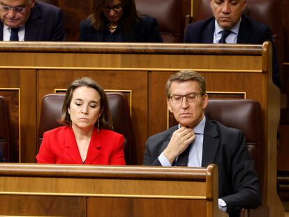 El portavoz del PP en el Congreso, Miguel Tellado; la secretaria general del partido, Cuca Gamarra, y el líder del PP, Alberto Núñez Feijóo, este jueves en el Congreso.