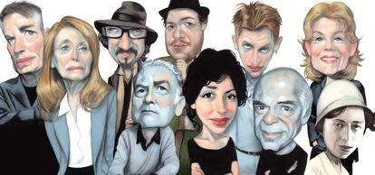 Caricaturas de escritores franceses. Da esquerda para a direita: J. M. G. Le Clezio, Annie Ernaux, Atiq Rahimi, Patrick Modiano, Mathias Enard, Yasmina Reza, Jonathan Littell, Pascal Quignard, Fred Vargas e Irène Nemirovsky.