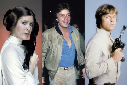 Carrie Fisher, con el vestido de ‘Una nueva esperanza’, y Mark Hamill, en su vida real, en 1978, luciendo camiseta, y en una imagen de ‘El Imperio contraataca’, con la cazadora aún impoluta y sin rastro de ropa interior.