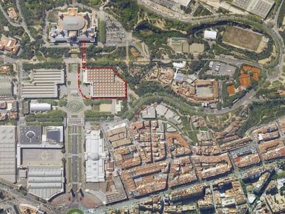 Imagen aérea de Montjuïc, con la idea que baraja el propio MNAC sobre su ampliación, en trazo rojo. 
