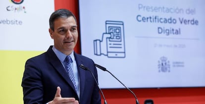 El presidente del Gobierno, Pedro Sánchez, durante la presentación del Certificado Verde Digital en la clausura de Fitur.