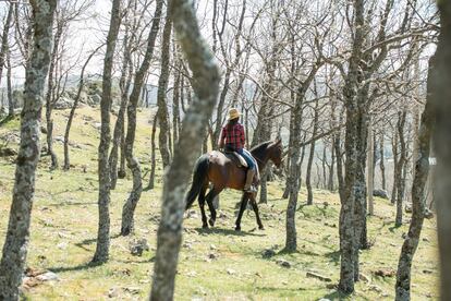 Gabriela montáda en su caballo Tirso, quien afirma que ha sido una gran ayuda, mientras busca piedras en forma de corazón.