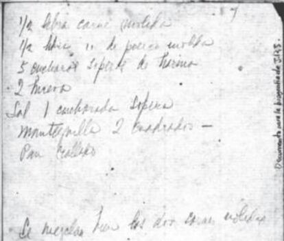 Receta de albóndigas manuscrita por Zenobia.