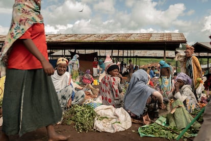 Para las mujeres, sobrevivir en Arsi no es solo más complicado. Ellas también son más vulnerables a los riesgos de la migración irregular. Principalmente, son víctimas de redes de trata de seres humanos que las someten a trabajos forzados. A menudo sufren explotación sexual y laboral, generalmente como empleadas domésticas. Los migrantes etíopes habitualmente reciben malos tratos durante el proceso de expulsión de países de tránsito o destino, incluso después de estar en esos países durante un período considerable de tiempo. El retorno tampoco es fácil porque deben soportar tensiones en el ámbito familiar, y en el caso de las mujeres, en ocasiones, se ven estigmatizadas por la comunidad debido a la naturaleza del trabajo realizado. En la fotografía, mujeres venden verduras en el mercado de la ciudad de Arsi Robe, al sureste de Oromía.