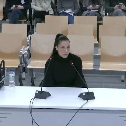 Soccer Football - Jenni Hermoso testifies on day one of Rubiales trial - Madrid, Spain, February 3, 2025 Jenni Hermoso testifies in court, in this screen grab from a video Spain High Court/Pool via Reuters