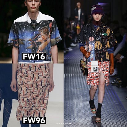 Look femino formado por el estampado de una camisa de 2016 y una falda de 1996.