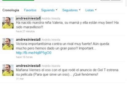 El mensaje de Twitter en el que Iniesta anuncia el nacimiento de su hija.