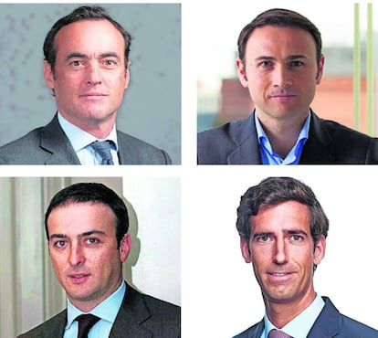 Alfredo Zamarriego, jefe de Brookfield en España; Carlos Santana, managing partner de EQT, Alex Wagenberg, managing partner de Carlyle, y Jorge Lluch, principal de KKR