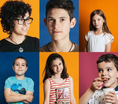 Da esquerda para a direita, e de cima para baixo: Marina Vega, de 16 anos, alérgica a leite e ovos; Juan Julián Martínez, de 14 anos, alérgico a frutas secas, amendoim, pólen de gramíneas e sálvia e a LTP do pêssego (proteína vegetal que se concentra na casca do alimento); Leire Gil Pérez, de 9 anos, é alérgica a ovos, mas passou por um processo de dessensibilização e agora pode comer tortilla; Jorge Valero, de 6 anos, é alérgico a leite, azeitonas e pelo de cães e gatos; Alicia Herrerías, de 11 anos, é alérgica a leite; Ethan Jiménez, de 6 anos, é alérgico a ovos e ao pelo de animais domésticos, mas já pode comer biscoitos mesmo que levem ovos.