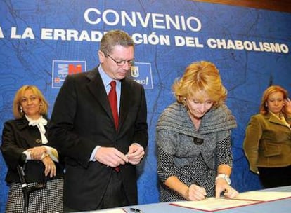 Esperanza Aguirre y Alberto Ruiz-Gallardón firman el convenio que acabará con cuatro poblados.