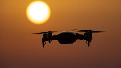 A quadcopter drone, in 2021.