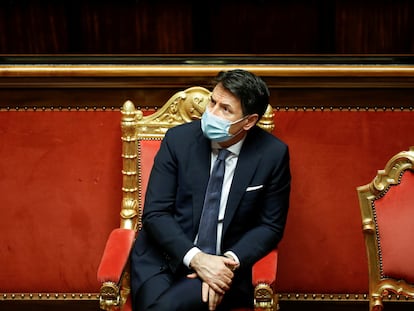 El primer ministro, Giuseppe Conte, durante su comparecencia en el Senado la semana pasada, en Roma.
