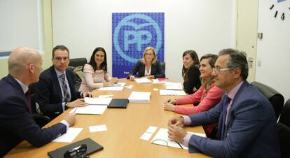 La portavoz popular de Sanidad, Teresa Angulo (c), junto con los diputados de su partido y los miembros de la Asamblea Nacional de Homeopatía.