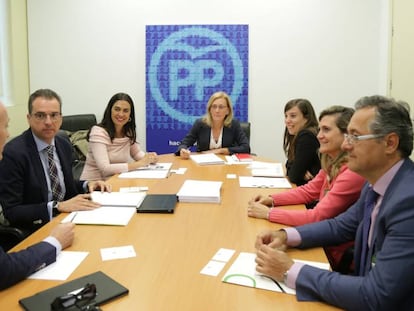 La portavoz popular de Sanidad, Teresa Angulo (c), junto con los diputados de su partido y los miembros de la Asamblea Nacional de Homeopatía.