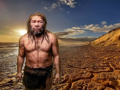 Recreación del paso de un neandertal por los acantilados del Asperillo, donde se han encontrado las huellas.