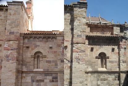 Exterior de la capilla sur de San Esteban. A la derecha, su estado anterior a la intervención.