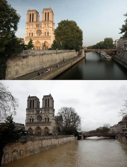 Este combo muestra el antes y el después de la crecida del Sena a su paso por Notre-Dame en París, en la primera imagen, de agosto de 2016, hay gente paseando por el muelle. En la segunda, del 25 de enero de 2018, esa zona está completamente inundada.