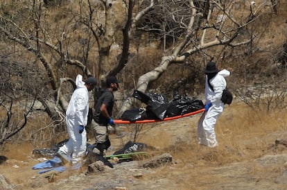 Forenses de la fiscalía de Jalisco recuperan los cuerpos encontrados en una barranca en Zapopan, el 31 de mayo.