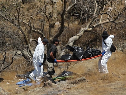 Forenses de la fiscalía de Jalisco recuperan los cuerpos encontrados en una barranca en Zapopan, el 31 de mayo.