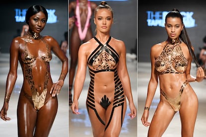 Tres de los modelos vistos en la semana de la moda de baño de Miami.