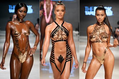 Tres de los modelos vistos en la semana de la moda de baño de Miami.