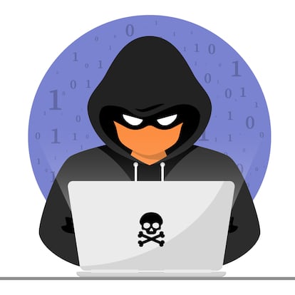 Hacker, Cyber criminal with laptop stealing user personal data. Hacker attack and web security. Internet phishing concept. Hacker in black hood with laptop trying to cyber attack. Programming Code