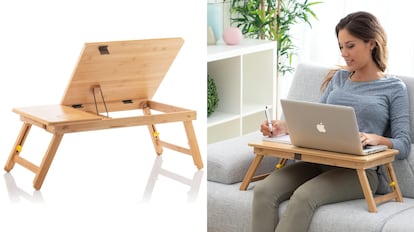 bandeja de bambú con patas para usar en el sofa