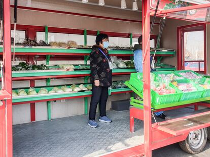 Un puesto temporal de venta de verduras en Heizhuanghu (China).
