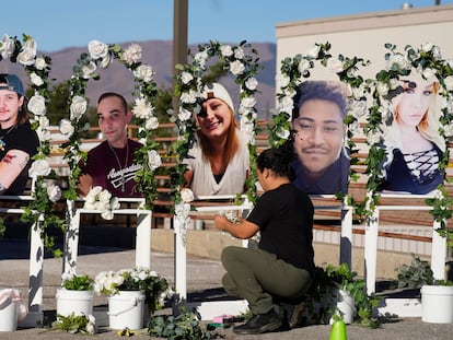 A memorial with photographs of the five victims of a weekend mass shooting at a nearby gay nightclub in Colorado Springs, Colorado.