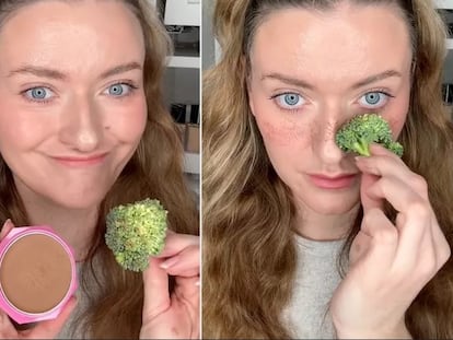 La maquilladora Abigail Jones haciendo el truco del brócoli en TikTok.