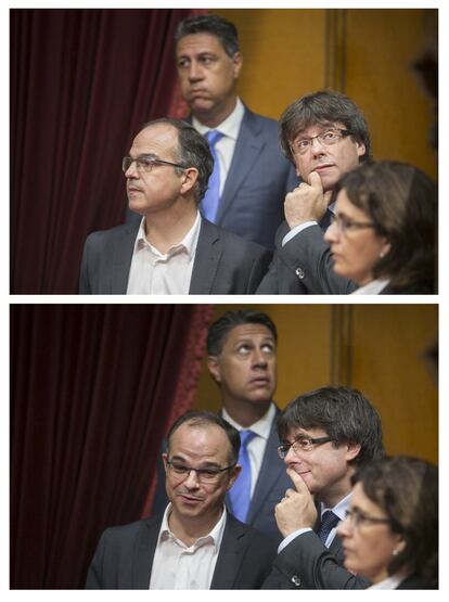 Jordi Turull (esquerra), Xavier García Albiol (darrere) i Carles Puigdemont, al Parlament aquest dimecres al matí.