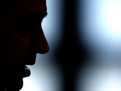 El entrenador del FC Barcelona, Xavi Hernández, durante la rueda de prensa previa al partido con Atlético de Madrid en el Wanda Metropolitano.