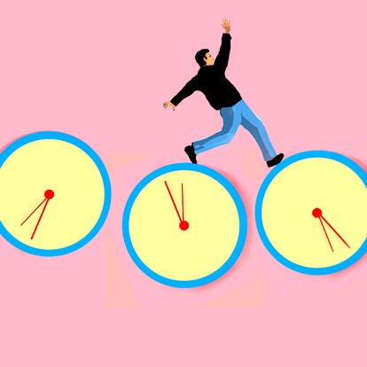 Man stumbling on clocks against pink background