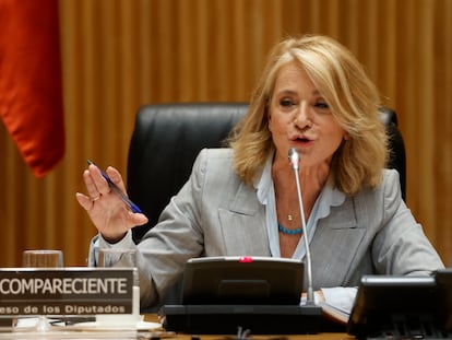 La presidenta interina del consejo de administración de RTVE, Elena Sánchez, comparece este jueves en el Congreso de los Diputados en Madrid.