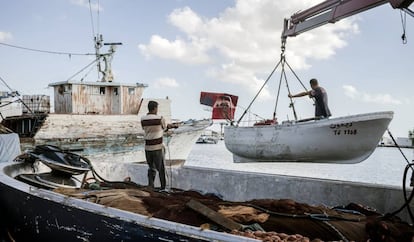 Pescadores beneficiarios de un proyecto para apoyar la pesca a pequeña escala y su procesado en el puerto de Ajim (Túnez).