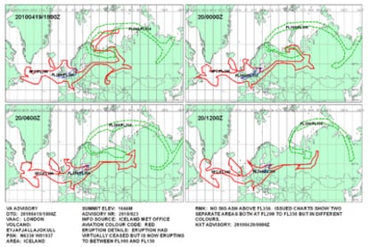 Gráfico del Centro de Aviso de Cenizas Volcánicas de Londres (VAAC, por sus siglas en inglés) sobre la evolución del área afectada por las cenizas volcánicas entre las 18.00 GMT de hoy (dos horas más en la España peninsular) y las 12.00 GMT de mañana. El volcán islandés Eyjafjalla está en erupción desde el martes 14 de abril.