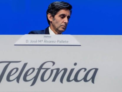 José María Álvarez-Pallete, presidente ejecutivo de Telefónica, durante la Junta de Accionistas de Telefónica.