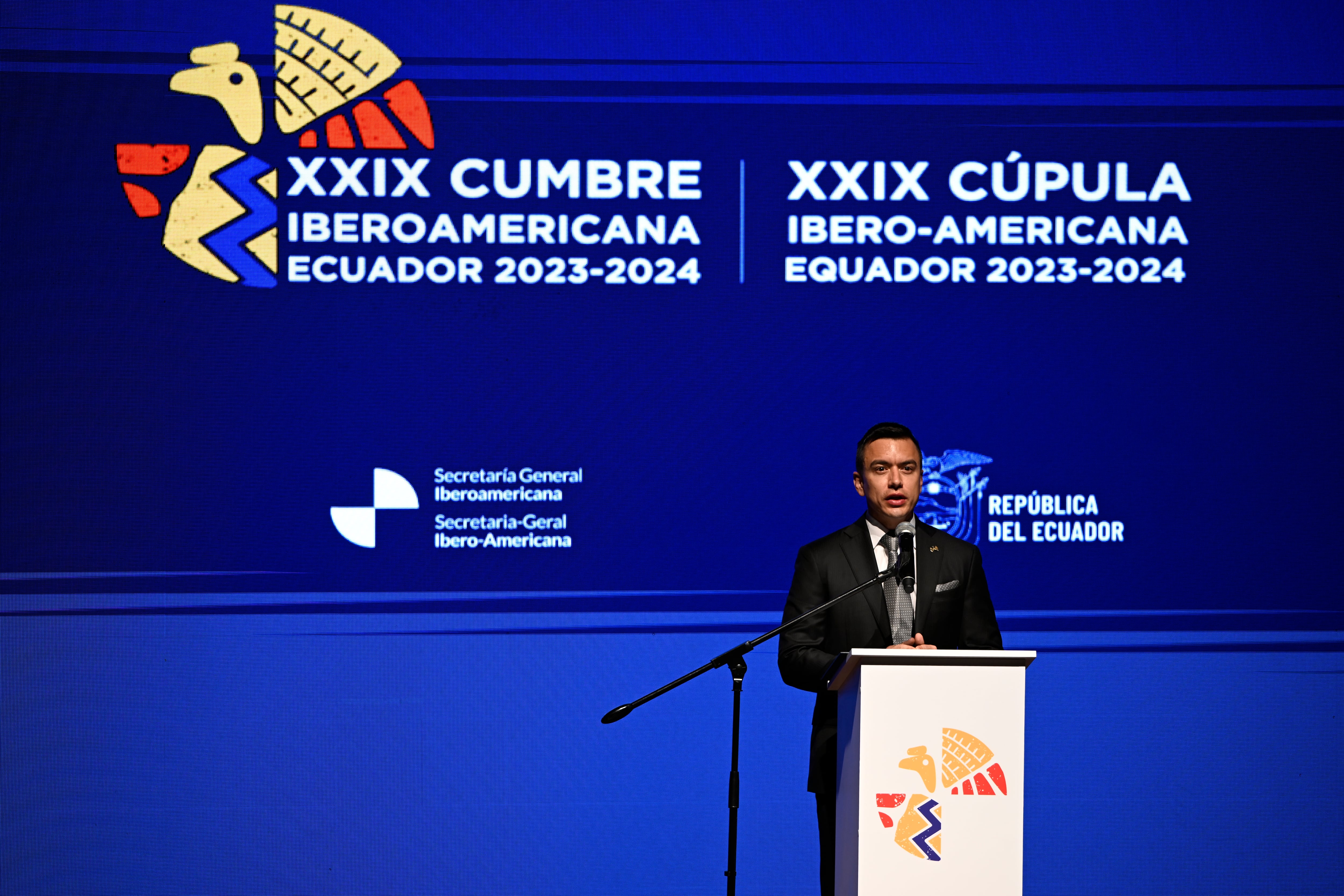 Daniel Noboa durante el acto inaugural de la XXIX Cumbre Iberoamericana, en Cuenca, Ecuador, este viernes.