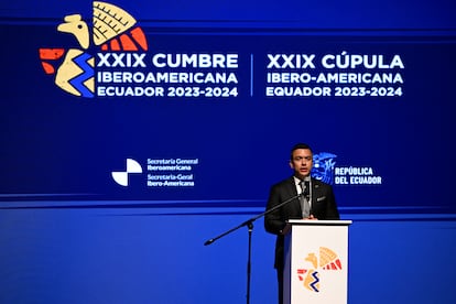 Daniel Noboa durante el acto inaugural de la XXIX Cumbre Iberoamericana, en Cuenca, Ecuador, este viernes.