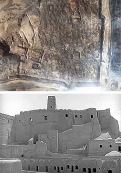 Imagen tomada por satélite el pasado 29 de diciembre de los restos de la ciudadela de Bam, arriba, y fotografía de la fortaleza tal y como se conservaba en 1978. 

/ REUTERS