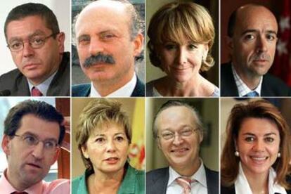 Los alcaldes de Madrid y Ourense, Alberto Ruiz-Gallardón y Manuel Cabezas; la presidenta de Madrid, Esperanza Aguirre; el consejero madrileño Manuel Lamela; el líder del PP gallego, Alberto Nuñez Feijóo; la diputada Celia Villalobos, y los líderes del PP catalán y castellanomanchego, Josep Piqué y Mª Dolores de Cospedal.