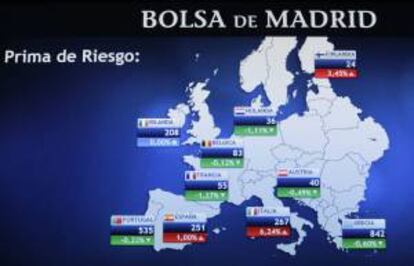 Panel de la Bolsa de Madrid que refleja la evolución de la prima de riesgo de los países europeos. EFE/Archivo