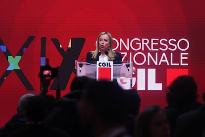 Giorgia Meloni, durante el acto en Rímini este viernes. 