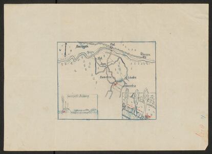 Mapa dibujado a mano de Ommeren (Países Bajos) del lugar donde se presume que fue escondido un botín nunca encontrado durante la Segunda Guerra Mundial.