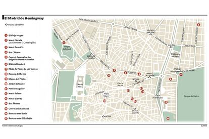 Plano con los lugares que frecuentaba en Madrid el premio Nobel estadounidense.