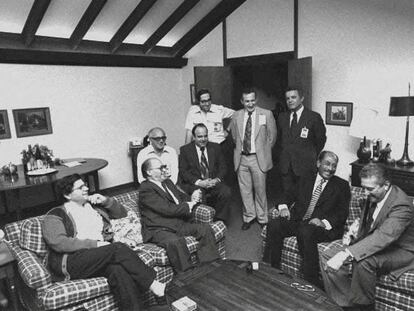 A meeting at Camp David of Egyptian President Anwar Sadat and Israeli Prime Minister Menachem Begin and their aides at Camp David, Maryland, September 7, 1978.